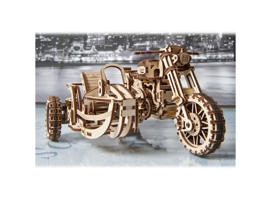 Ugears 3D dřevěné mechanické puzzle UGR-10 Motorka (scrambler) s vozíkem