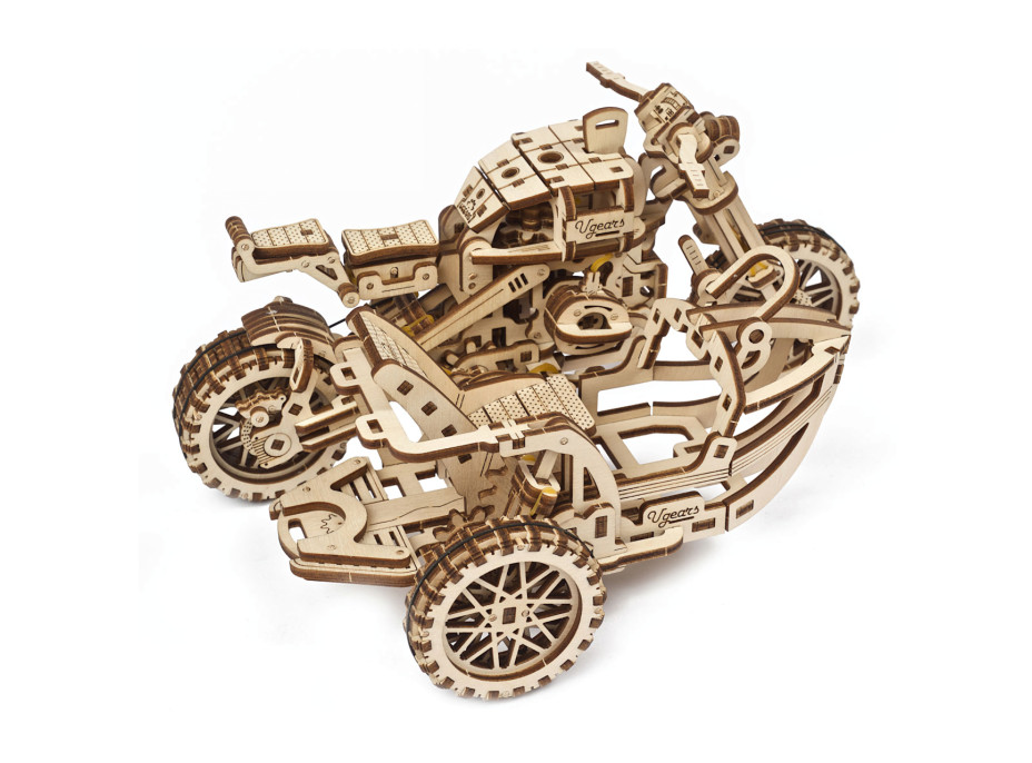 Ugears 3D dřevěné mechanické puzzle UGR-10 Motorka (scrambler) s vozíkem