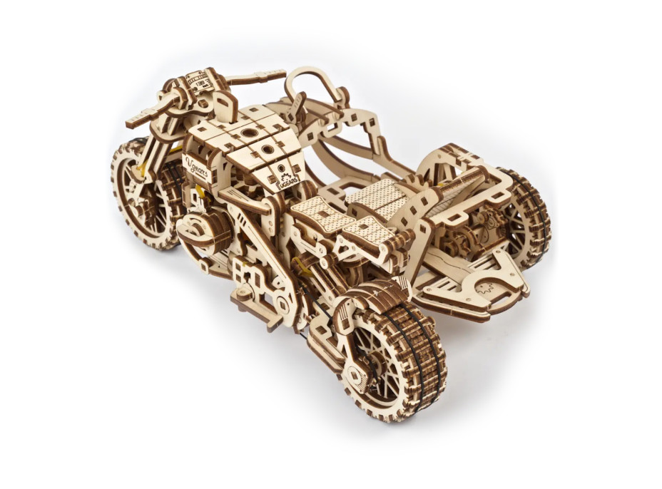 Ugears 3D dřevěné mechanické puzzle UGR-10 Motorka (scrambler) s vozíkem