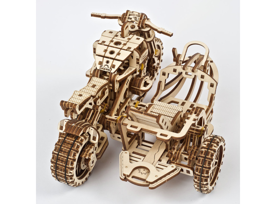 Ugears 3D dřevěné mechanické puzzle UGR-10 Motorka (scrambler) s vozíkem