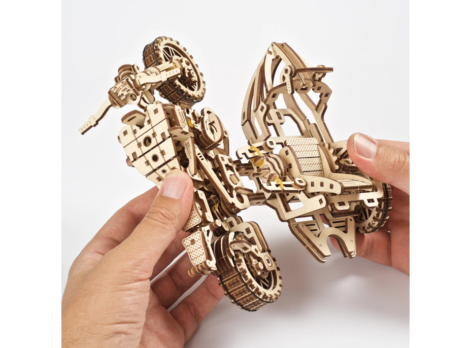 Ugears 3D dřevěné mechanické puzzle UGR-10 Motorka (scrambler) s vozíkem