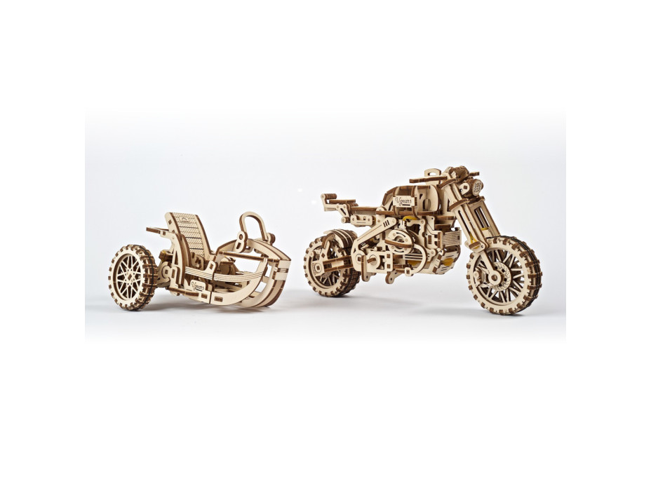 Ugears 3D dřevěné mechanické puzzle UGR-10 Motorka (scrambler) s vozíkem