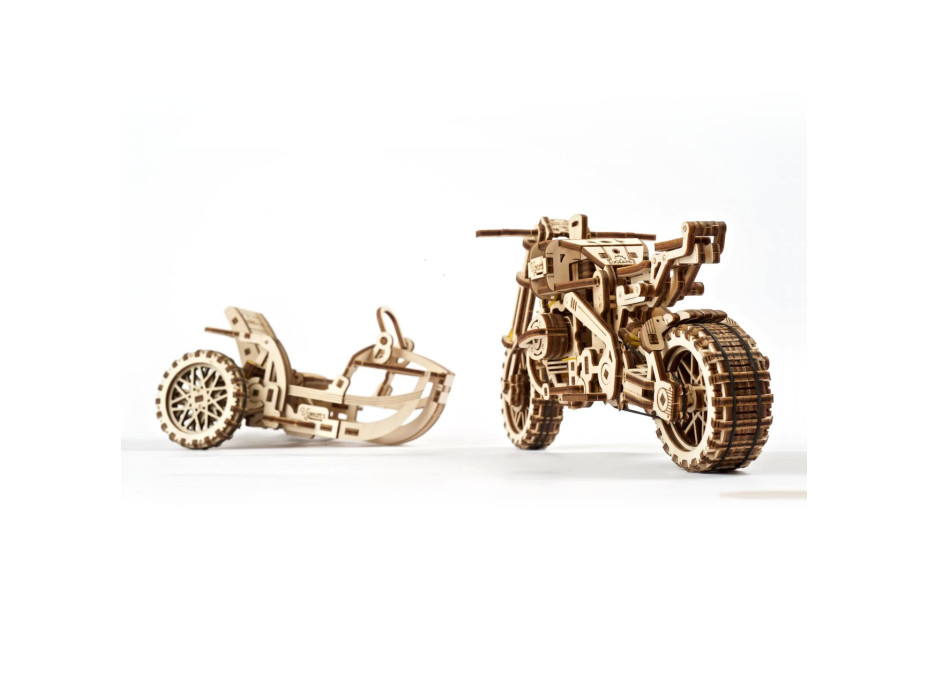 Ugears 3D dřevěné mechanické puzzle UGR-10 Motorka (scrambler) s vozíkem