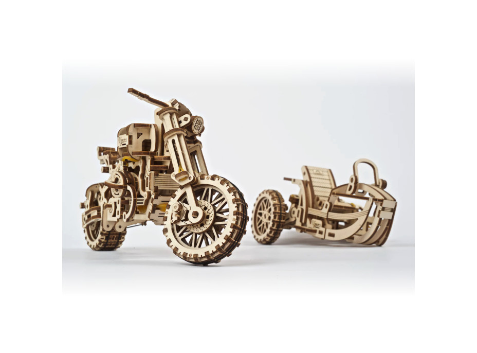 Ugears 3D dřevěné mechanické puzzle UGR-10 Motorka (scrambler) s vozíkem