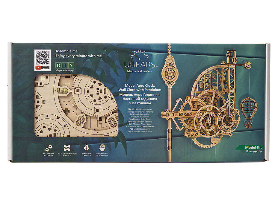 Ugears 3D dřevěné mechanické puzzle Nástěnné hodiny Aero - poškozený obal