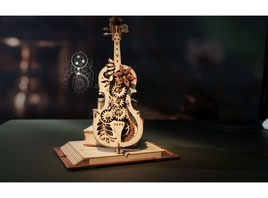 RoboTime 3D dřevěné mechanické puzzle Kouzelné violoncello (elektrický pohon) - poškozený obal