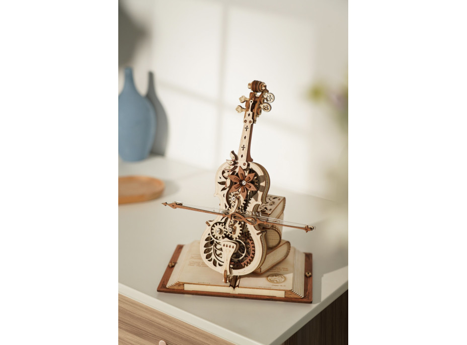 RoboTime 3D dřevěné mechanické puzzle Kouzelné violoncello (elektrický pohon) - poškozený obal