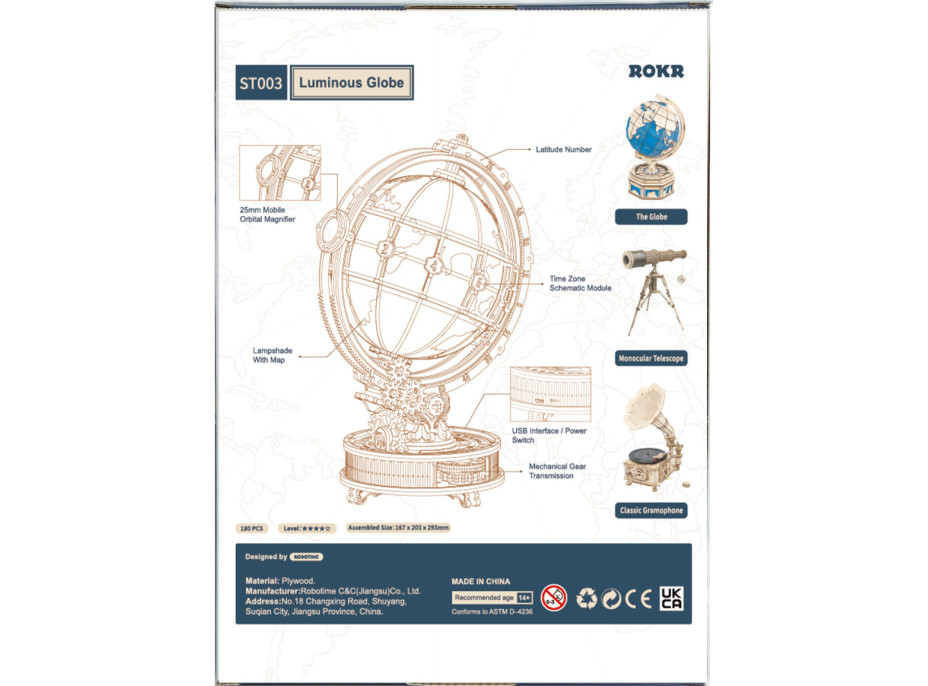 RoboTime 3D dřevěné mechanické puzzle Svítící glóbus