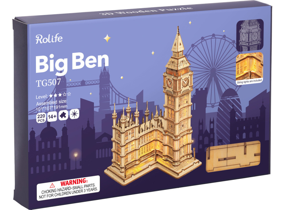 RoboTime dřevěné 3D puzzle hodinová věž Big Ben svítící