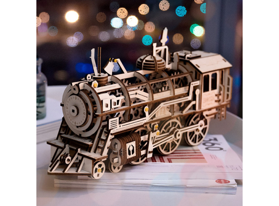 RoboTime 3D dřevěné mechanické puzzle Parní lokomotiva