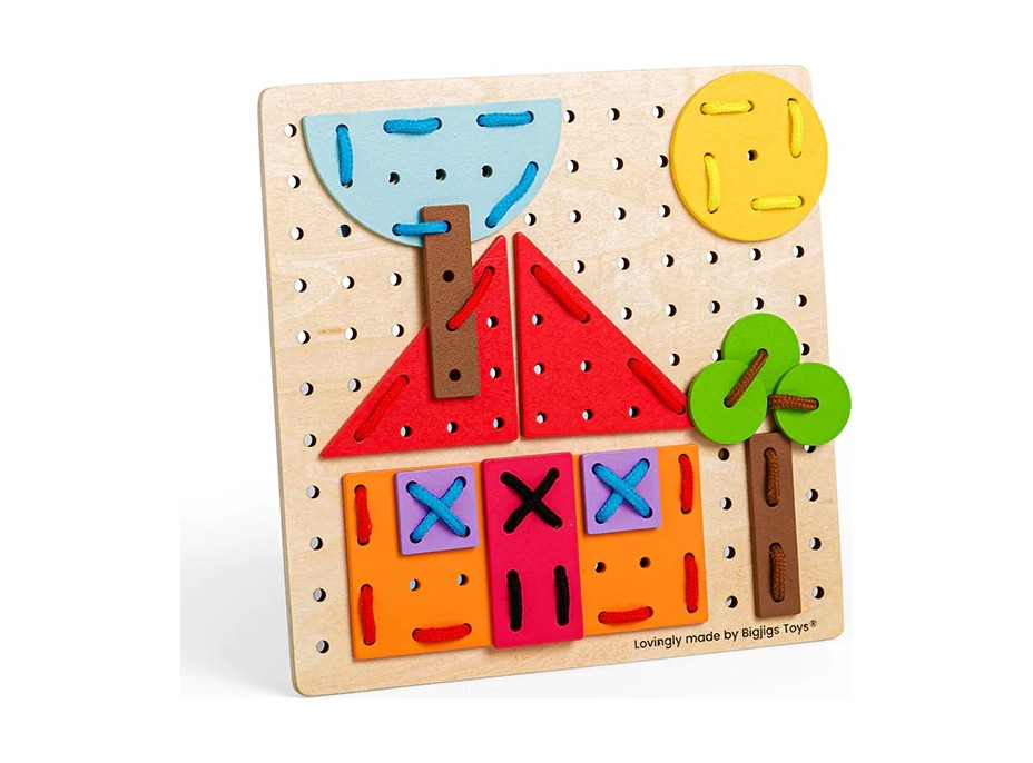 Bigjigs Toys Dřevěná šněrovací hra Geometrické tvary