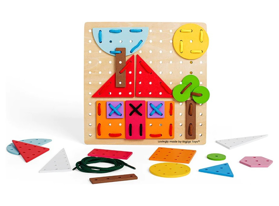 Bigjigs Toys Dřevěná šněrovací hra Geometrické tvary