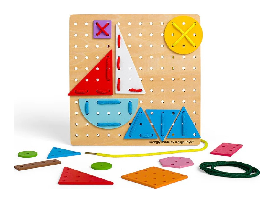 Bigjigs Toys Dřevěná šněrovací hra Geometrické tvary