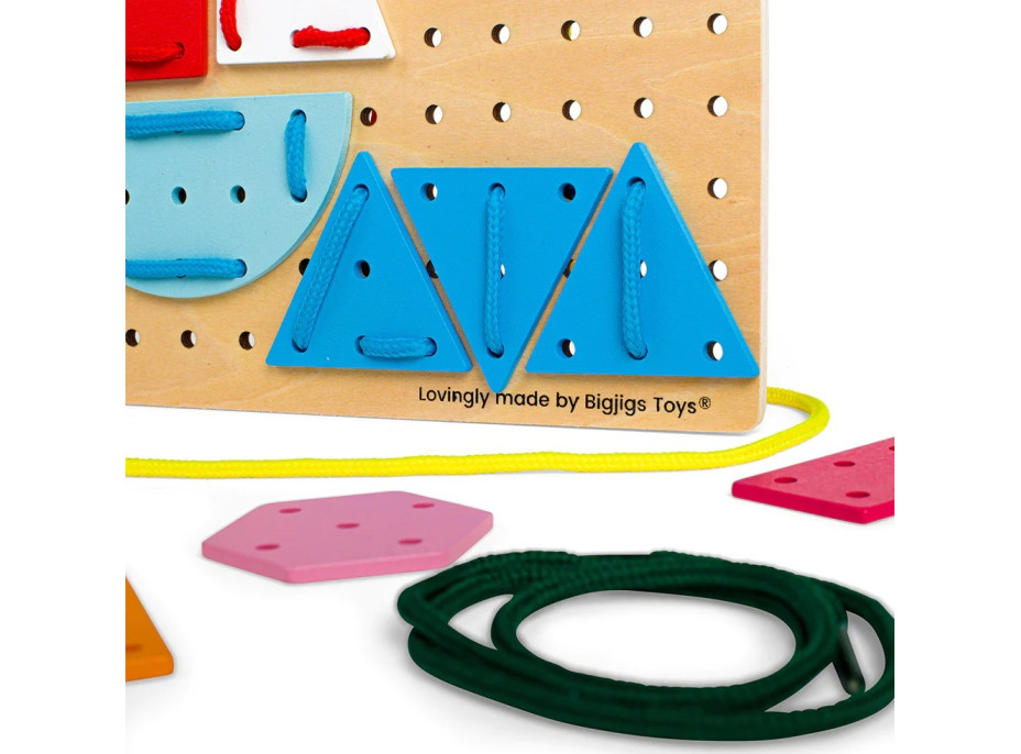 Bigjigs Toys Dřevěná šněrovací hra Geometrické tvary