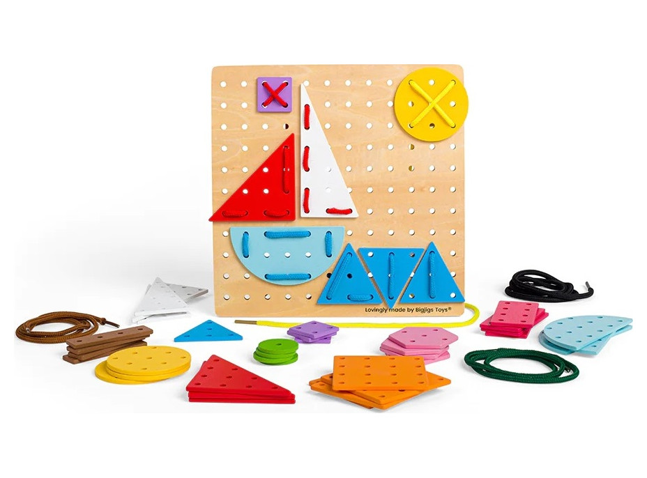 Bigjigs Toys Dřevěná šněrovací hra Geometrické tvary