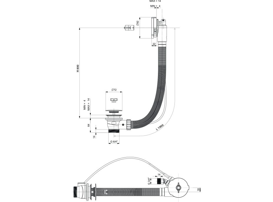 Polysan Vanová souprava s napouštěním, bovden, délka 1000mm, zátka 72mm, černá mat 71855.21