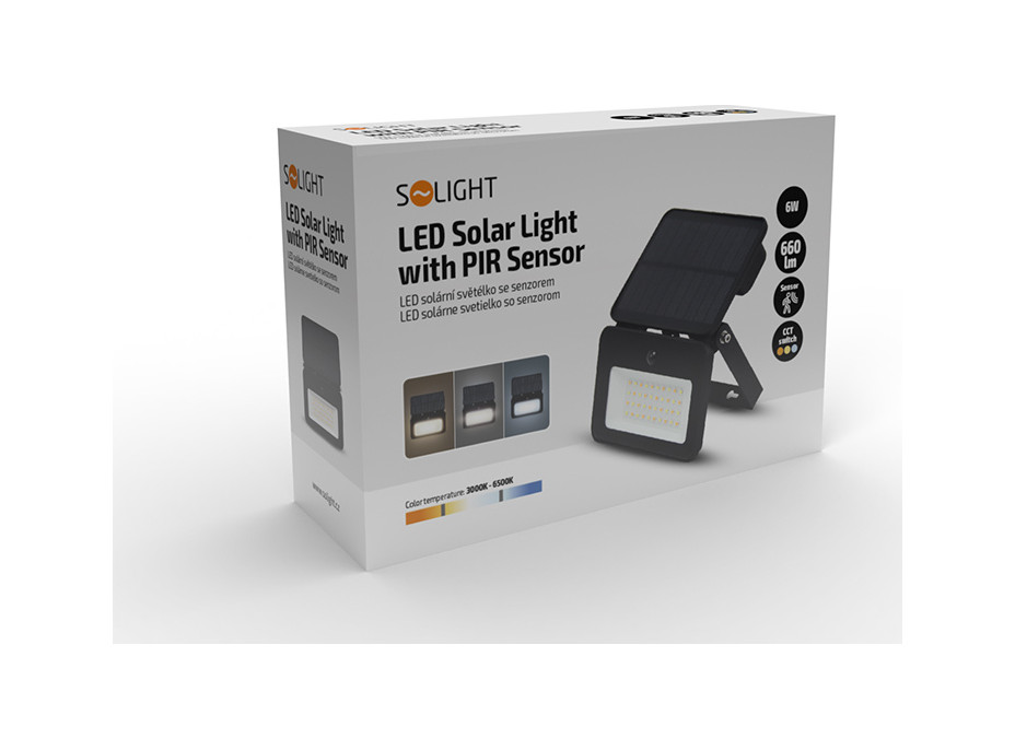 Solight LED solární světélko se senzorem, 6W, 660lm, 3CCT, Li-Ion, černá