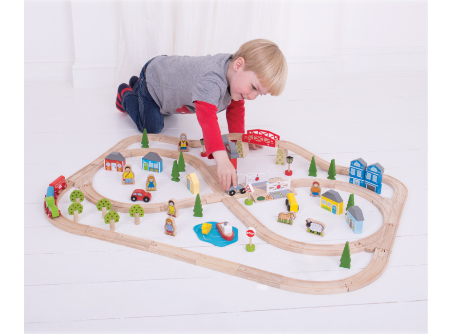 Bigjigs Rail Dřevěná vláčkodráha město a vesnice 91 dílů