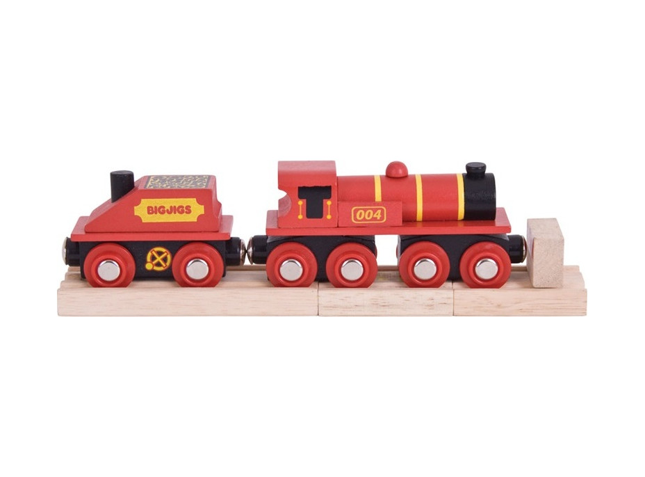 Bigjigs Rail Červená lokomotiva s tendrem + 3 koleje