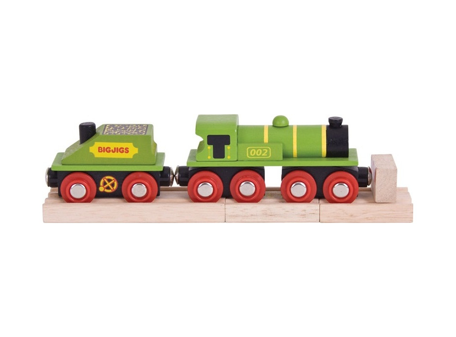 Bigjigs Rail Zelená lokomotiva s tendrem + 3 koleje