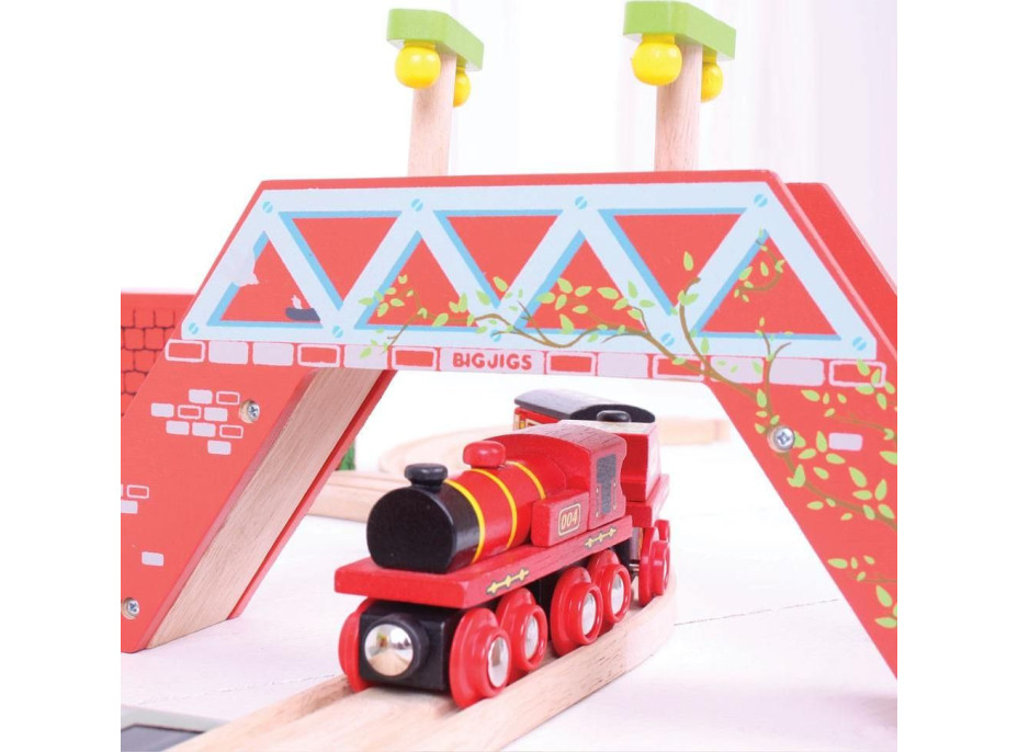 Bigjigs Rail Červená lokomotiva s tendrem + 3 koleje