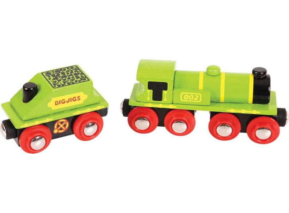 Bigjigs Rail Zelená lokomotiva s tendrem + 3 koleje