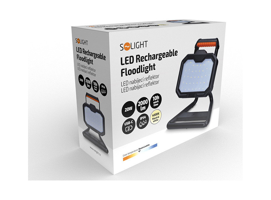 Solight LED reflektor 20W, přenosný, nabíjecí, 2000lm, oranžovo-černý