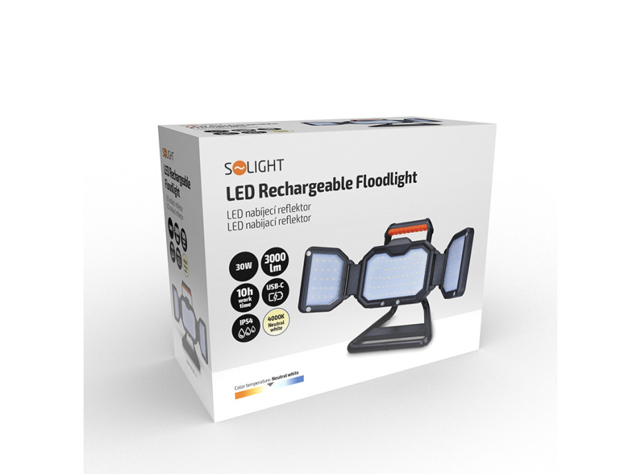 Solight LED reflektor 30W, přenosný, nabíjecí, 3000lm, oranžovo-černý