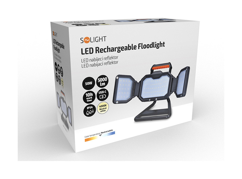 Solight LED reflektor 50W, přenosný, nabíjecí, 5000lm, oranžovo-černý