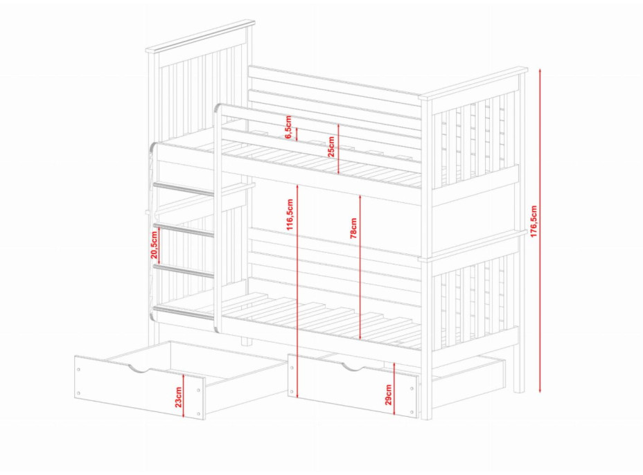 Dětská patrová postel z masivu borovice BORIS se šuplíky 190x90 cm - přírodní