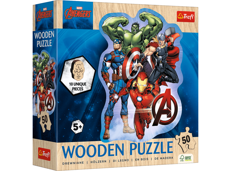 TREFL Dřevěné obrysové puzzle Avengers a jejich dobrodružství 50 dílků