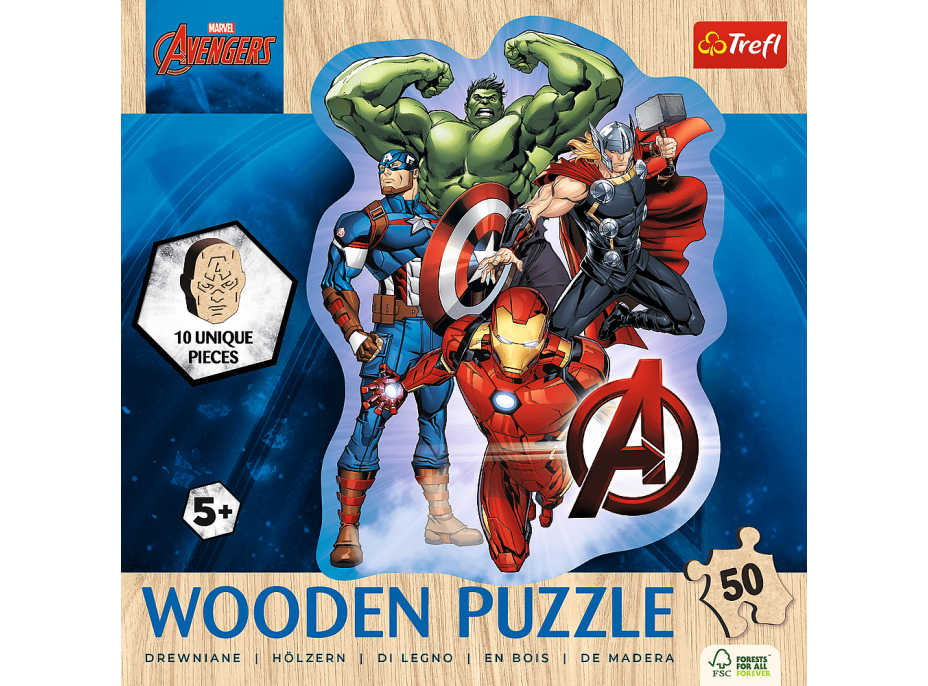 TREFL Dřevěné obrysové puzzle Avengers a jejich dobrodružství 50 dílků