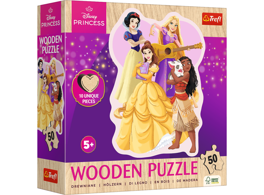 TREFL Dřevěné obrysové puzzle Disney: Krásné princezny 50 dílků