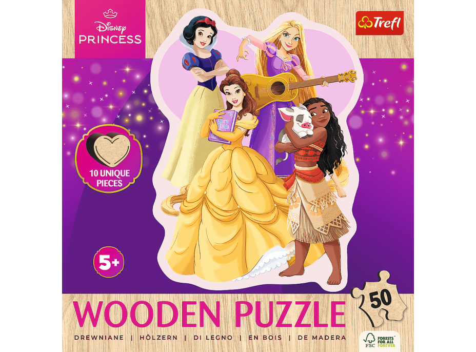 TREFL Dřevěné obrysové puzzle Disney: Krásné princezny 50 dílků