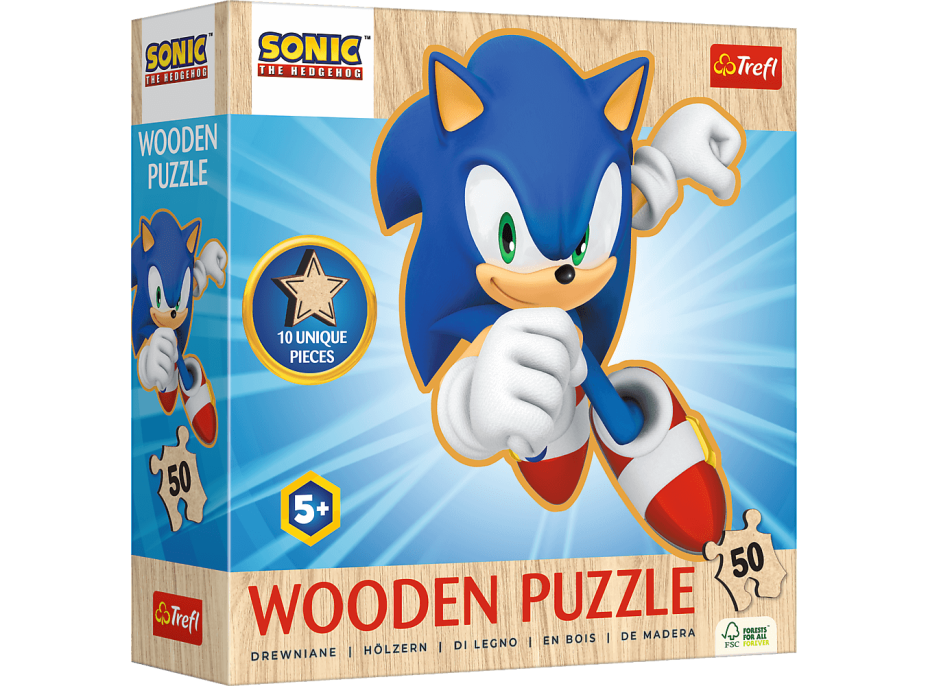 TREFL Dřevěné obrysové puzzle Sonic: Veselý Sonic 50 dílků