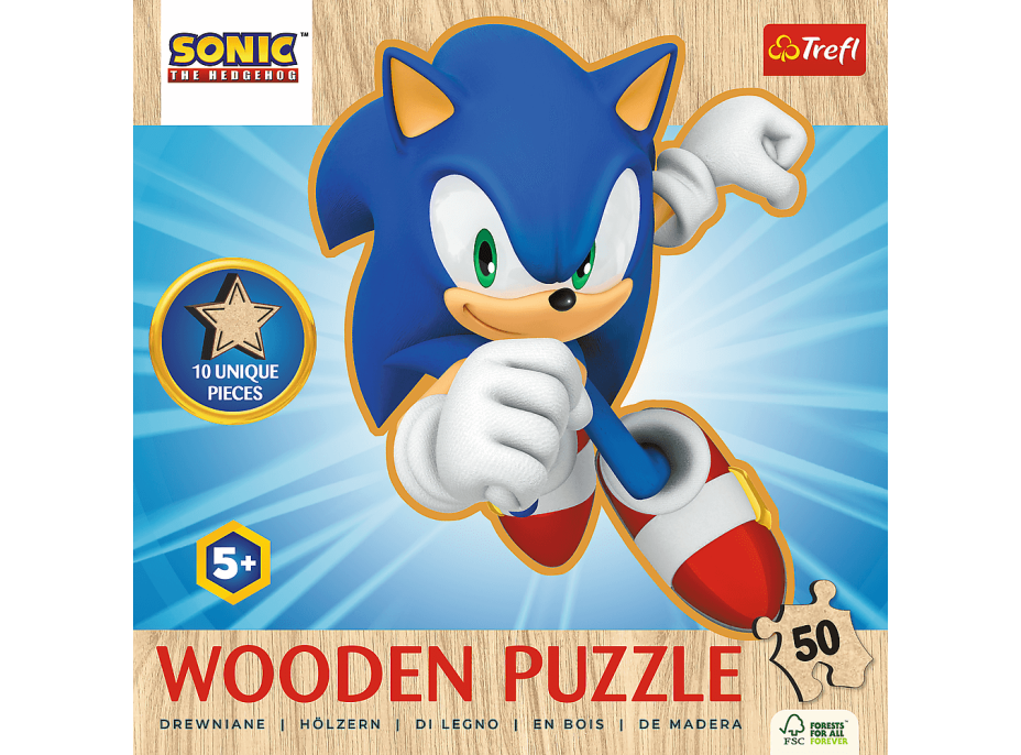 TREFL Dřevěné obrysové puzzle Sonic: Veselý Sonic 50 dílků