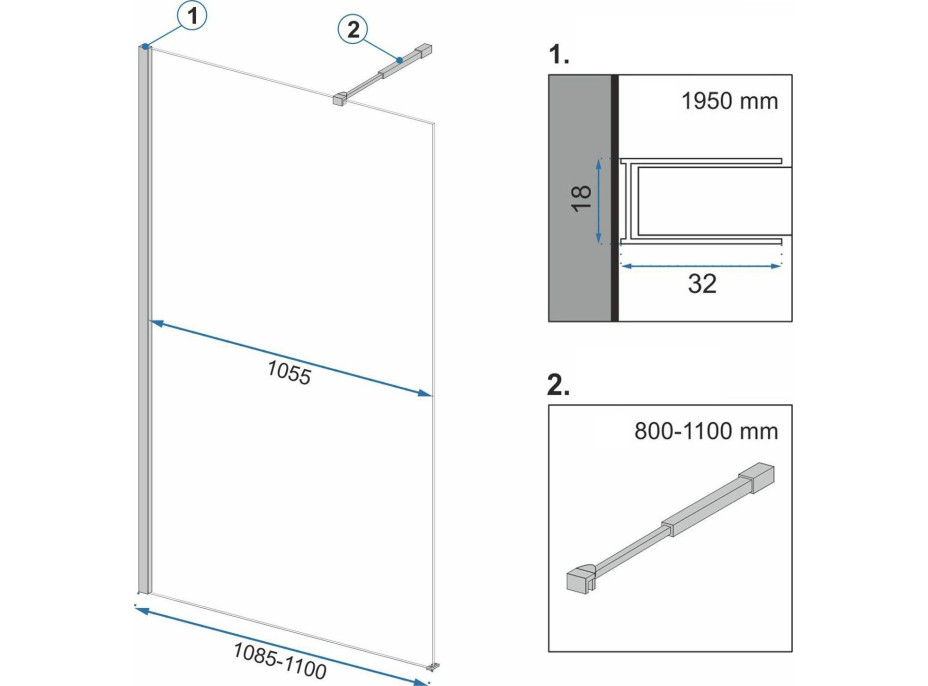 Koupelnová pevná zástěna Rea AERO Ombre 110 cm - černá - černé sklo