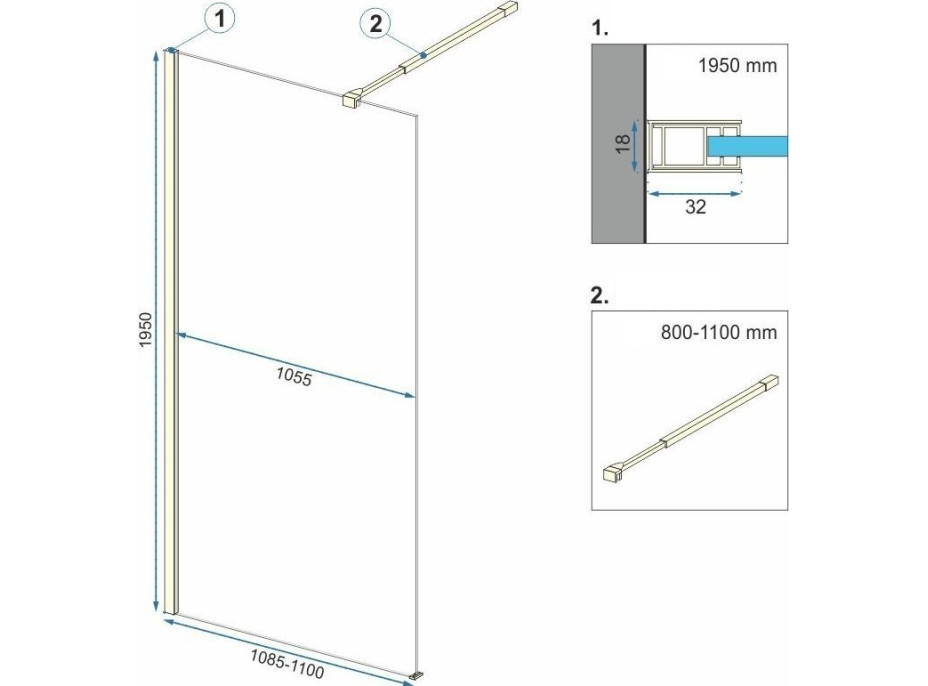 Koupelnová pevná zástěna Rea AERO Ombre 110 cm - broušená zlatá - bílé sklo