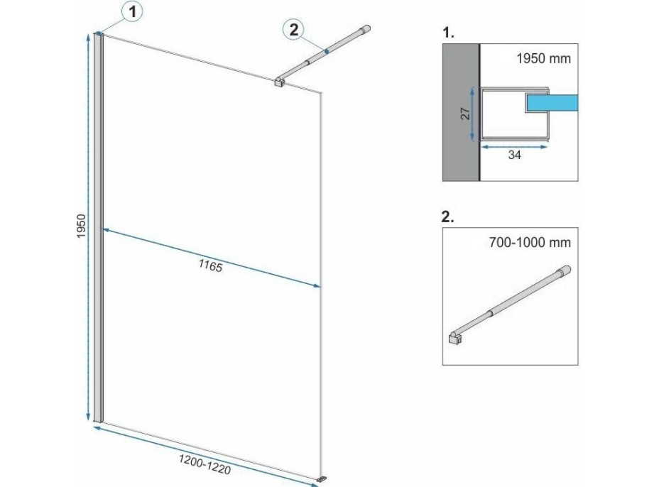 Koupelnová pevná zástěna Rea AERO Ombre 120 cm - černá - černé sklo