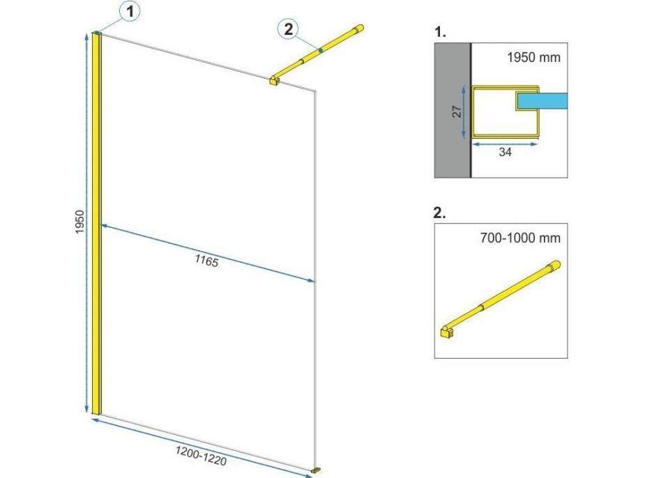 Koupelnová pevná zástěna Rea AERO Ombre 120 cm - broušená zlatá - bílé sklo