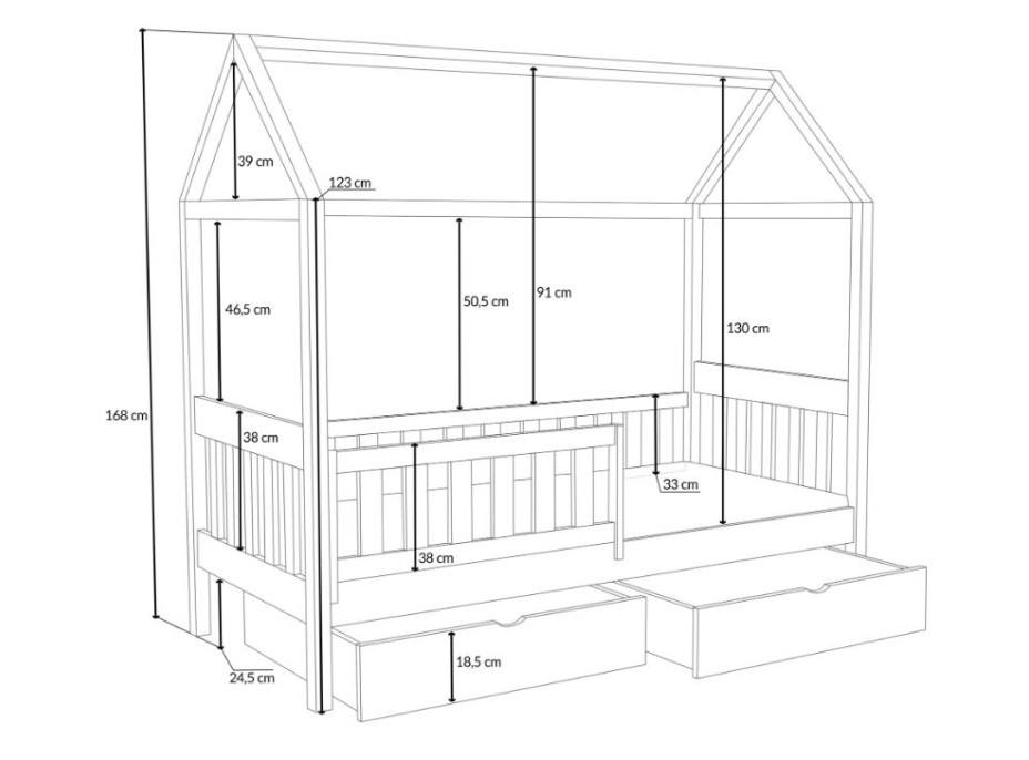 Dětská domečková postel z masivu borovice MAGDA se šuplíky - 200x90 cm - PŘÍRODNÍ BOROVICE