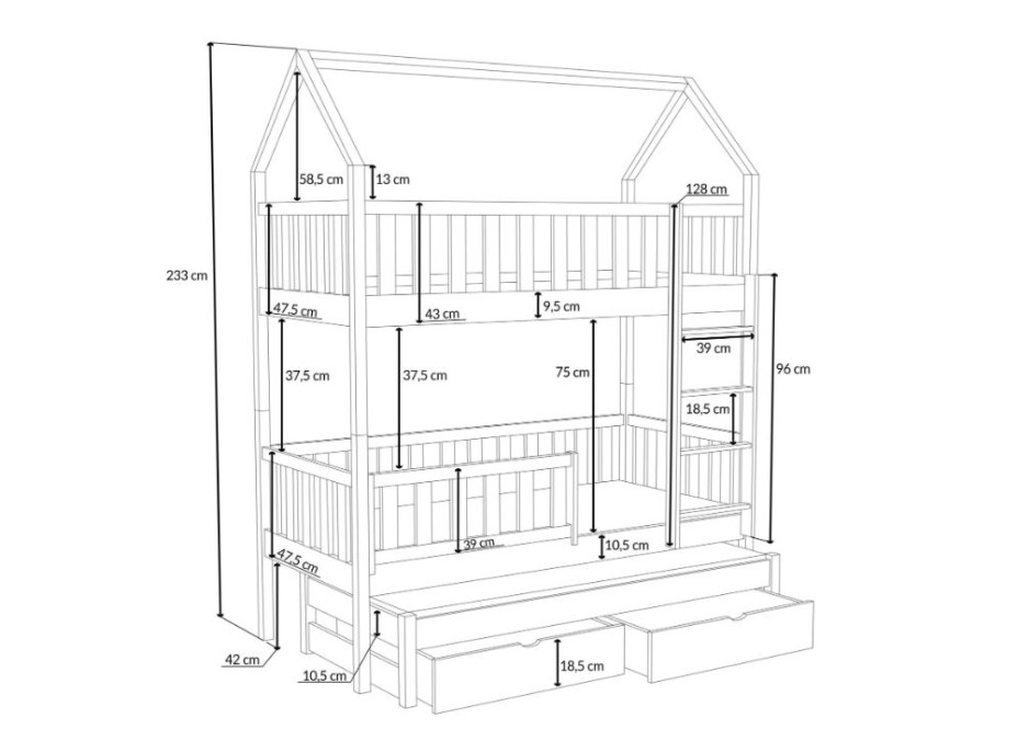 Dětská domečková patrová postel z masivu borovice OTA s přistýlkou a šuplíky - 200x90 cm - PŘÍRODNÍ BOROVICE