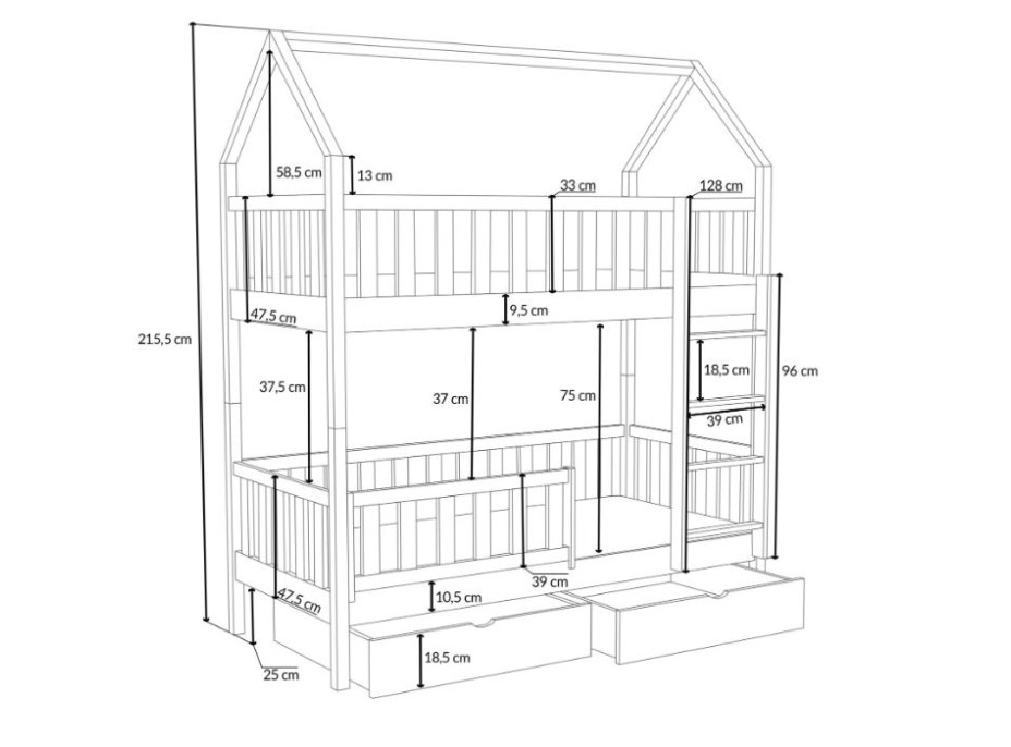 Dětská patrová domečková postel z masivu borovice AURÉLIE se šuplíky - 200x90 cm - PŘÍRODNÍ BOROVICE