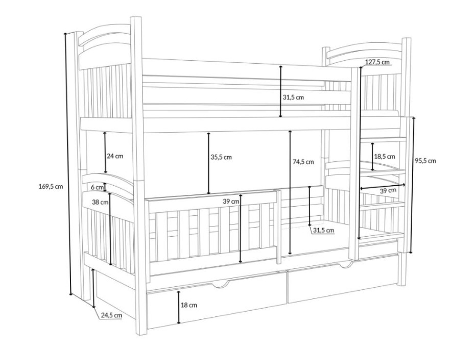 Dětská patrová postel z masivu borovice ADAM se šuplíky - 200x90 cm - PŘÍRODNÍ BOROVICE