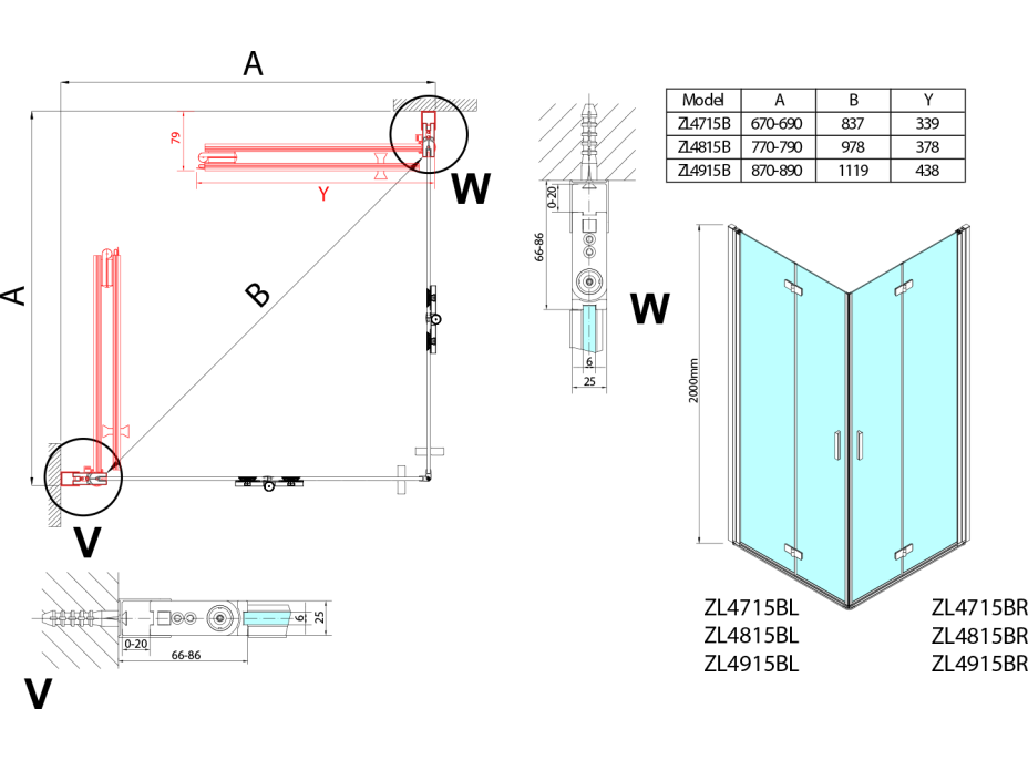 Polysan ZOOM BLACK čtvercový sprchový kout 800x800mm, rohový vstup ZL4815BL-02