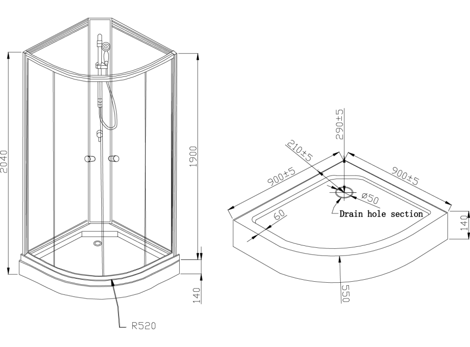 Aqualine AIGO čtvrtkruhový sprchový box 900x900x2040 mm, bílý profil, čiré sklo YB93