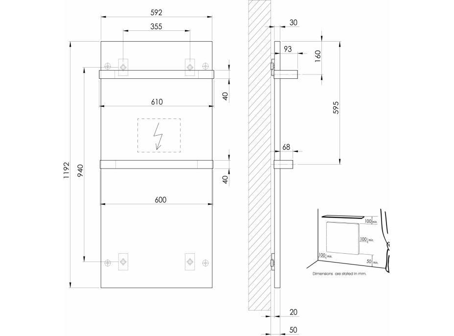 Sapho ENIS koupelnový sálavý topný panel 600W, 590x1200 mm, držáky ručníků, IP44, černá mat RH600B-2