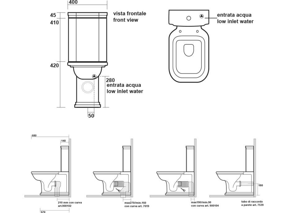 Kerasan WALDORF WC kombi, spodní/zadní odpad, bílá-bronz WCSET18-WALDORF