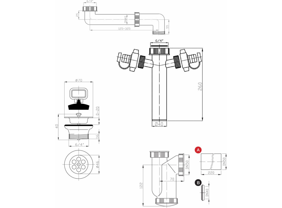 Bruckner Dřezový sifon šetřící místo, 2x odbočka, nerez výpust se zátkou, 6/4", DN40, bílá 155.124.0