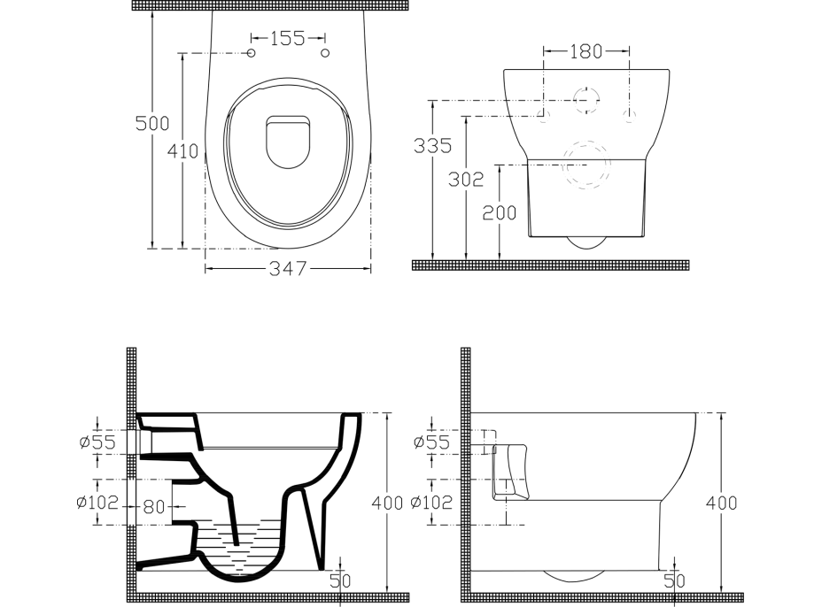 Závěsné WC ABSOLUTE Rimless s podomítkovou nádržkou a tlačítkem Schwab, bílá 10AB02002-SET5